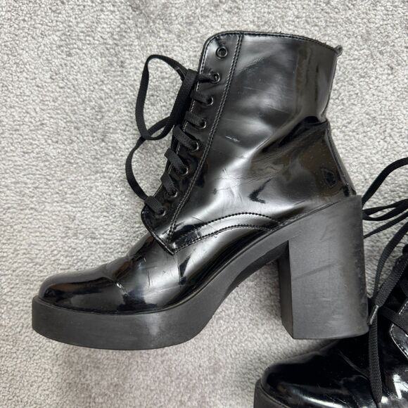 River Island Patent Leather Chucky Platform Lace Up Combat Heeled Boots 7 Black - Picture 11 of 16